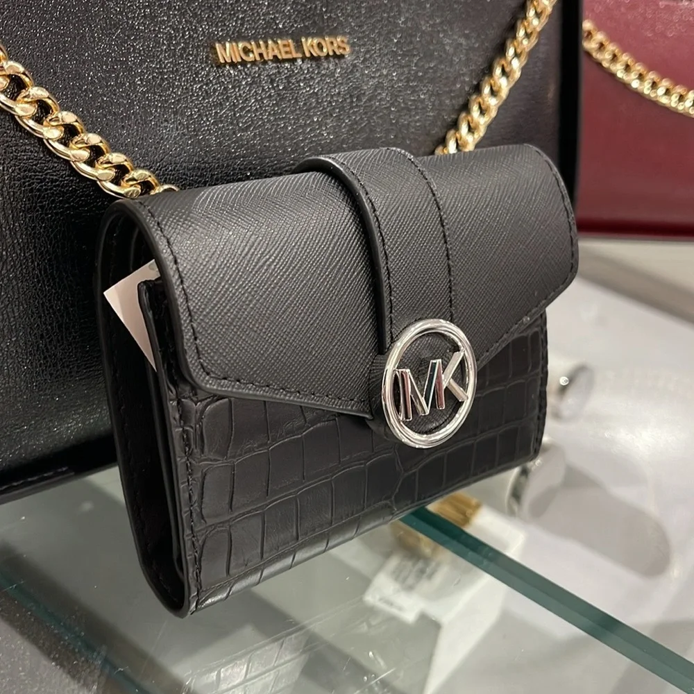 MICHAEL KORS CARMEN MEDIUM LOGO AND FAUX LEATHER WALLET BLACK NWT